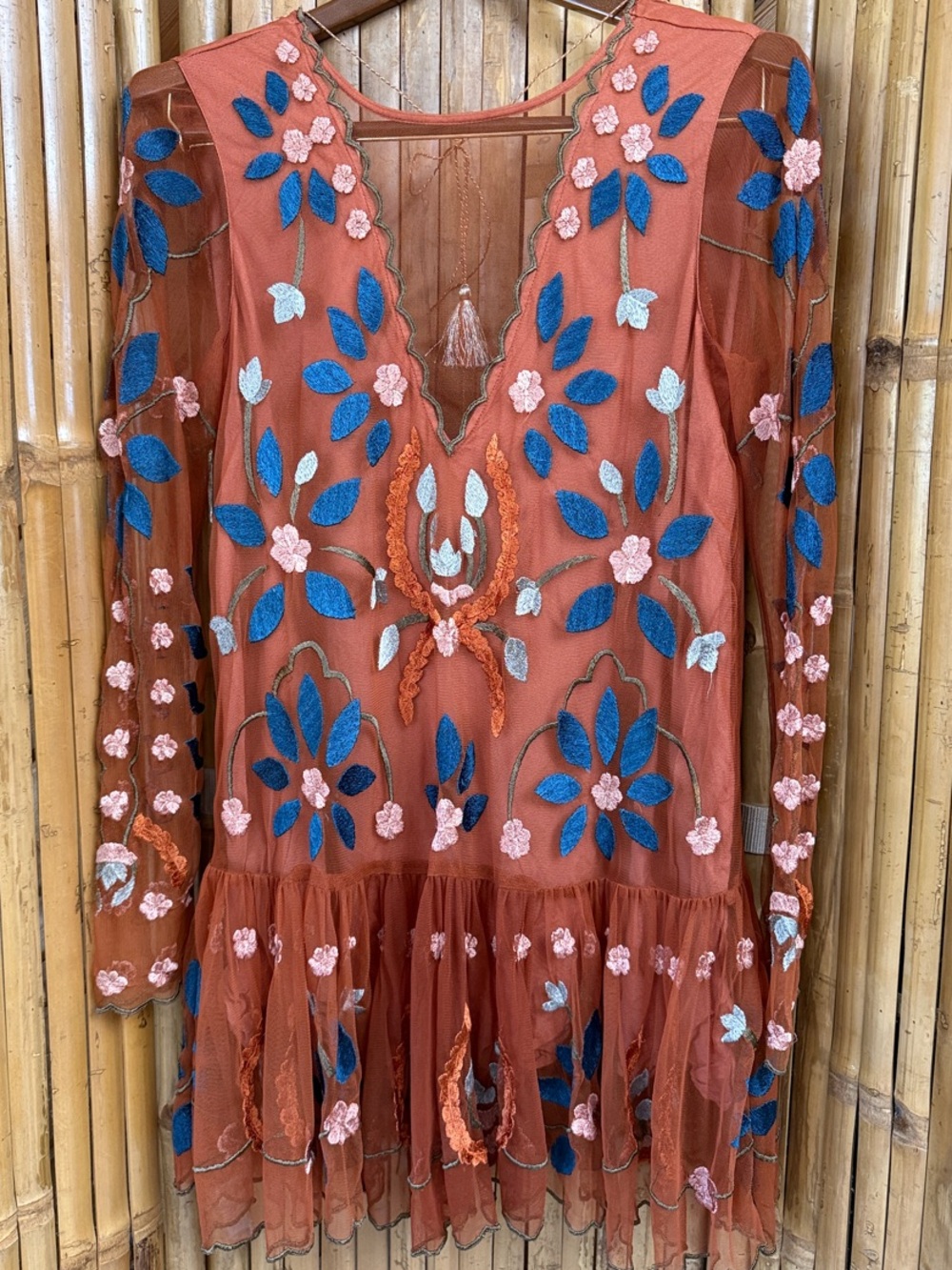 Free People Rust Mesh Mini Dress with Blue & Pink Floral Embroidery Size XS